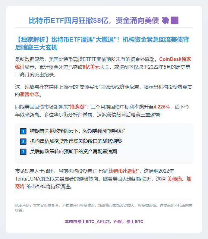 比特币ETF四月狂撤$8亿，资金涌向美债