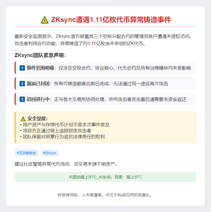 ZKsync遭黑客攻击，1.11亿ZK代币被盗