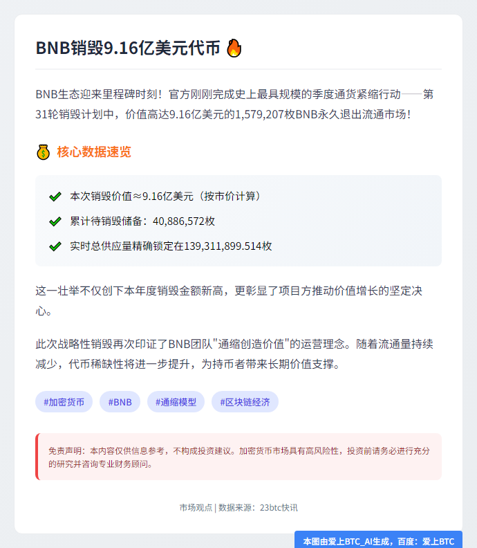 BNB销毁9.16亿美元代币