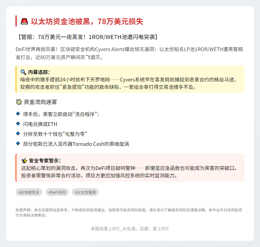 以太坊资金池被黑，78万美元损失