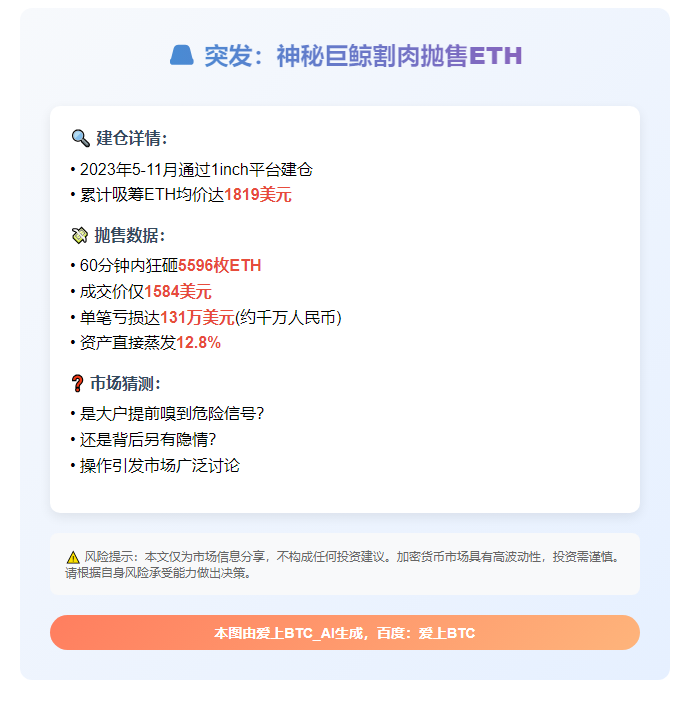 巨鲸抛售5596 ETH亏130万