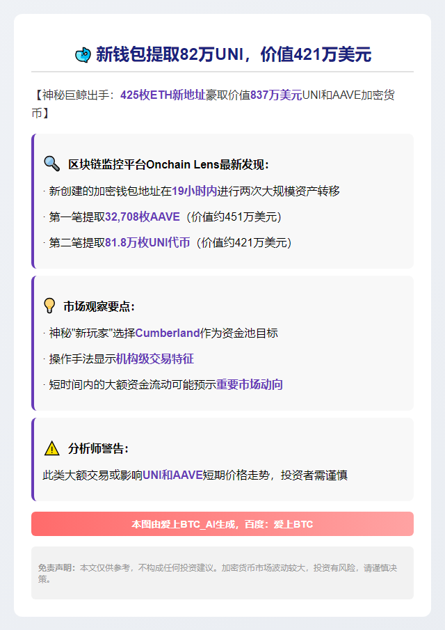 新钱包提取82万UNI，价值421万美元