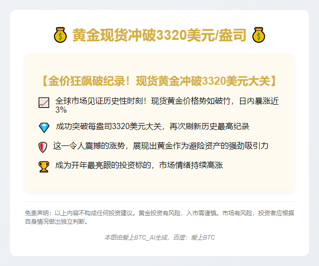 黄金现货冲破3320美元/盎司