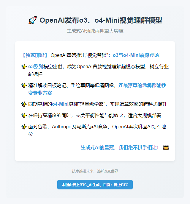 OpenAI发布o3、o4-Mini，支持图像理解