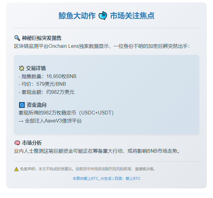 巨鲸抛售16950枚BNB套现982万刀