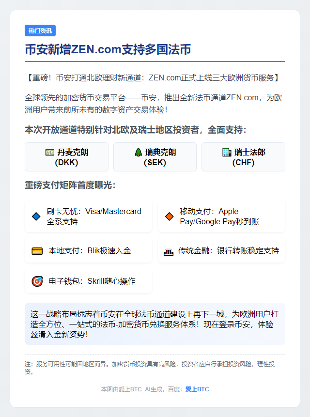 币安新增ZEN.com支持多国法币