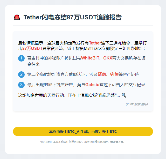 Tether冻结87万USDT