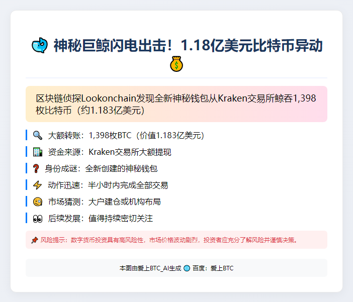 巨鲸从Kraken提走1.18亿美元BTC