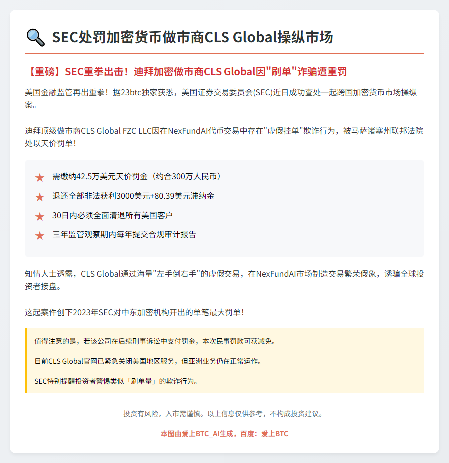 SEC处罚加密货币做市商CLS Global操纵市场