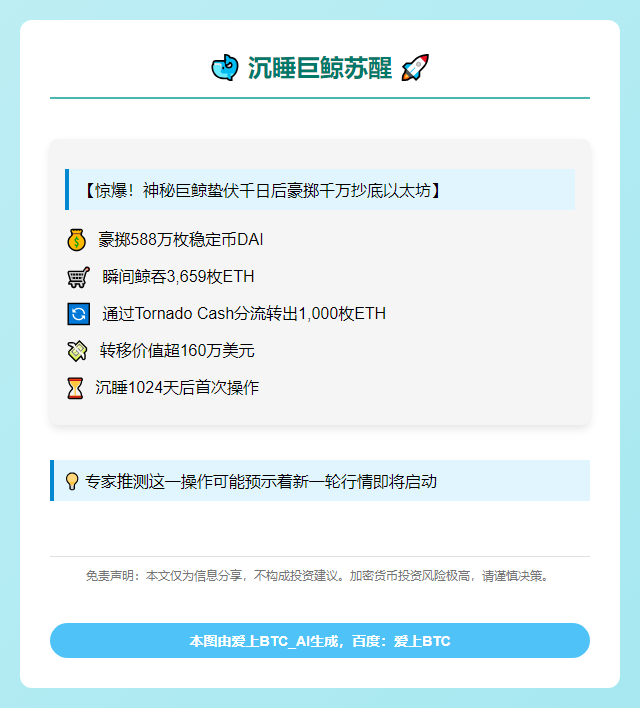 沉睡鲸鱼苏醒，豪掷588万DAI购3659枚ETH