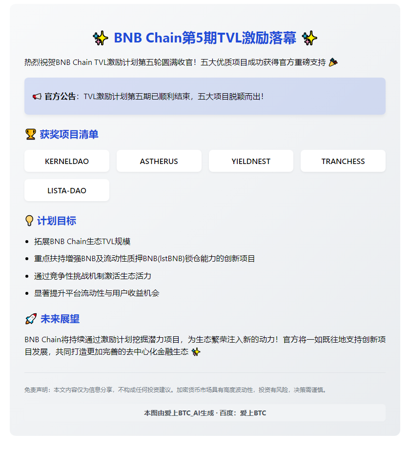 BNB Chain第5期TVL激励落幕，五项目获支持