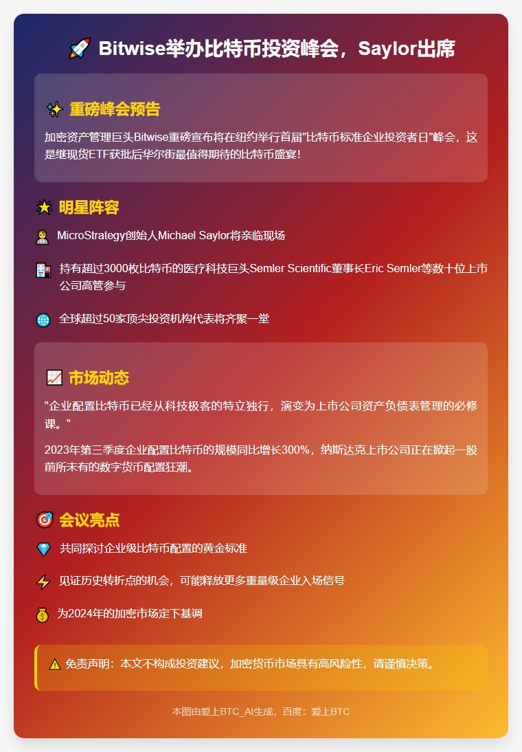 Bitwise举办比特币投资峰会，Saylor出席
