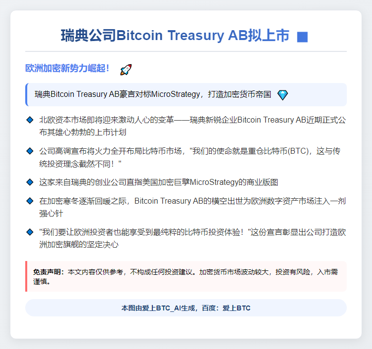 瑞典公司Bitcoin Treasury AB拟上市