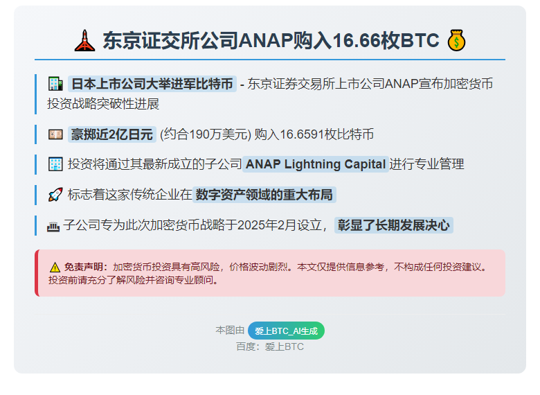 东京证交所公司ANAP购入16.66枚BTC