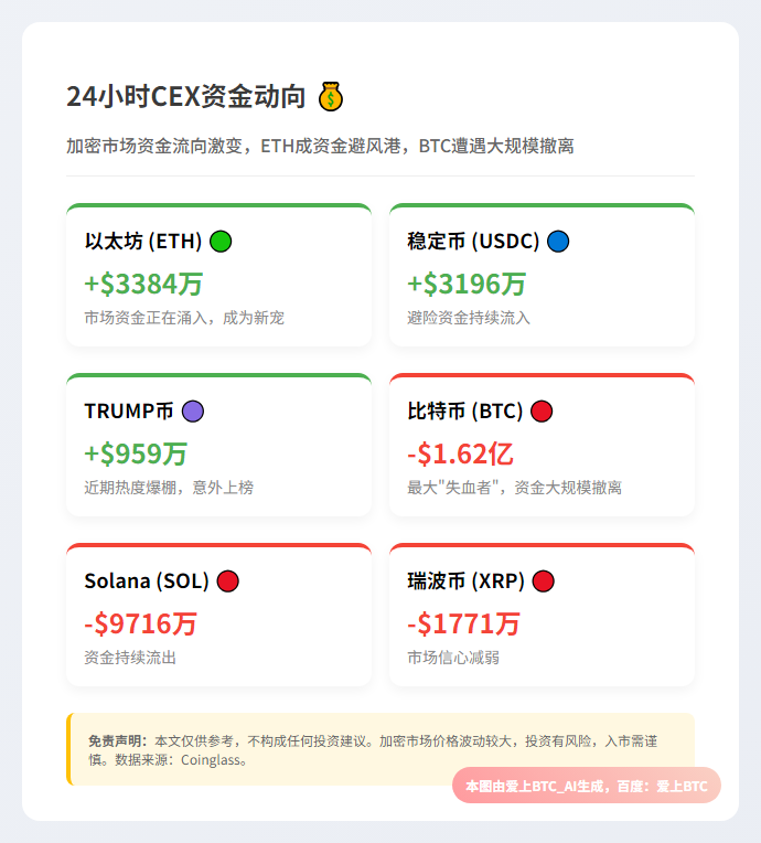 24小时CEX资金动向：ETH流入3384万，BTC流出1.62亿