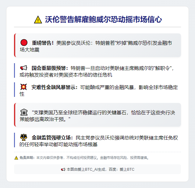 沃伦警告解雇鲍威尔恐动摇市场信心