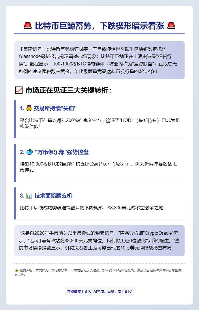 比特币巨鲸蓄势，下跌楔形暗示看涨