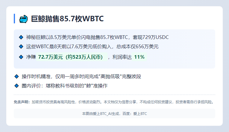 巨鲸抛售85.7枚WBTC