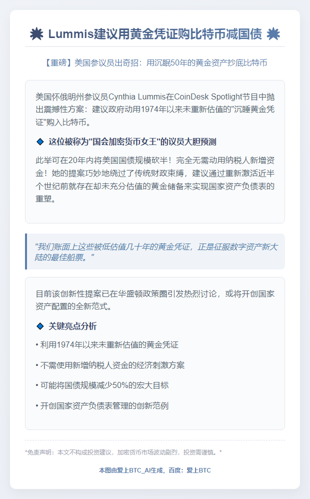 Lummis建议用黄金凭证购比特币减国债