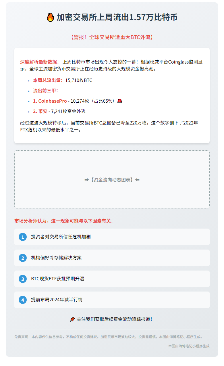 加密交易所上周流出1.57万比特币