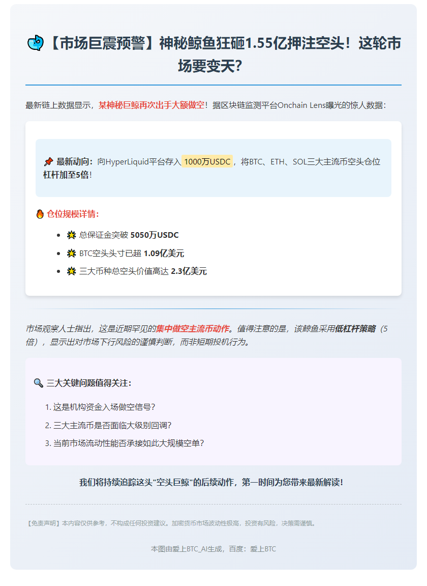 巨鲸存入千万USDC做空三币