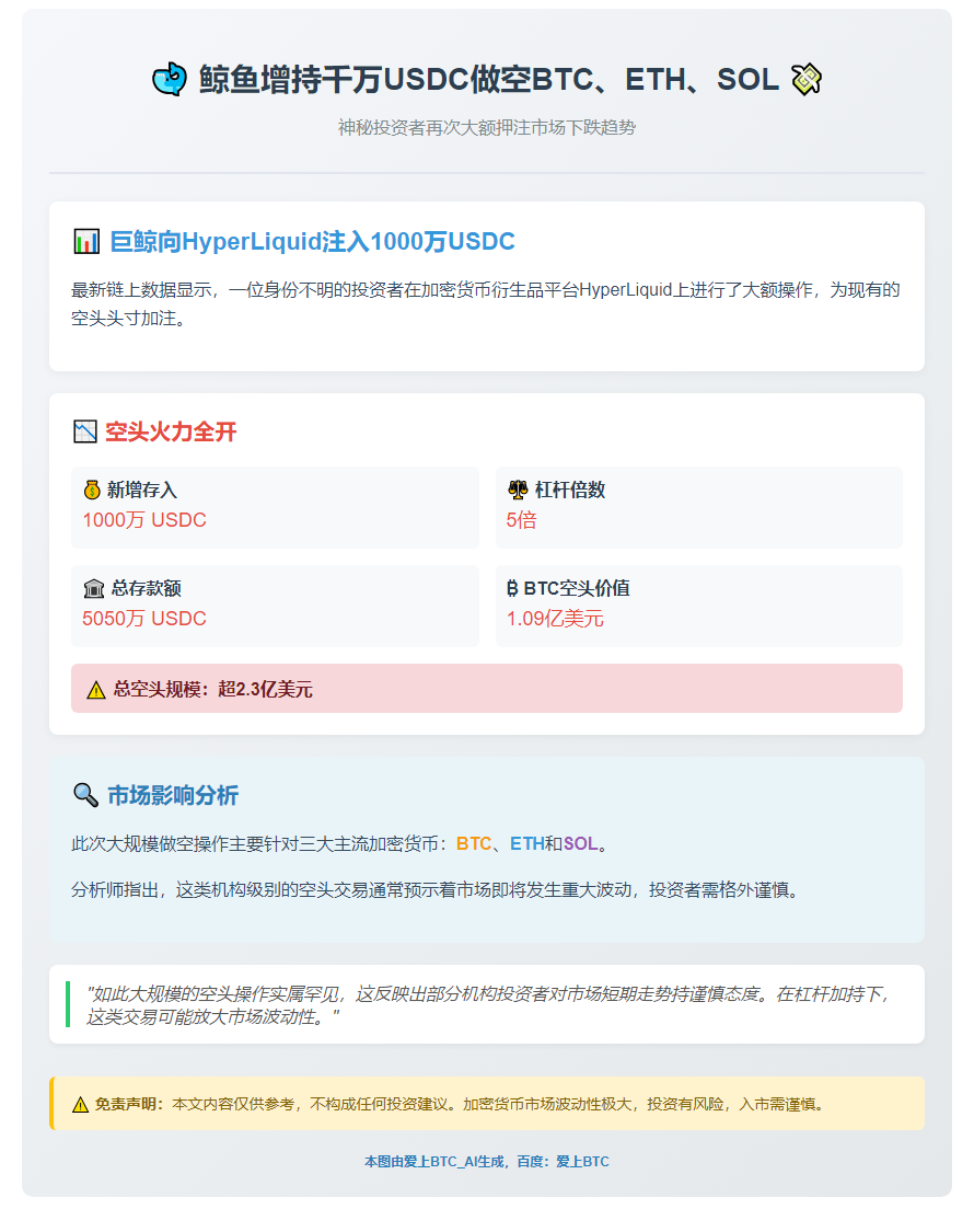 鲸鱼增持千万USDC做空BTC、ETH、SOL