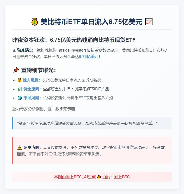 美比特币ETF单日流入6.75亿美元