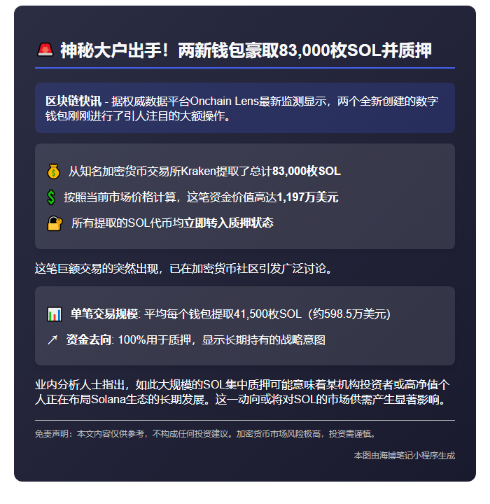 两新钱包质押83,000枚SOL