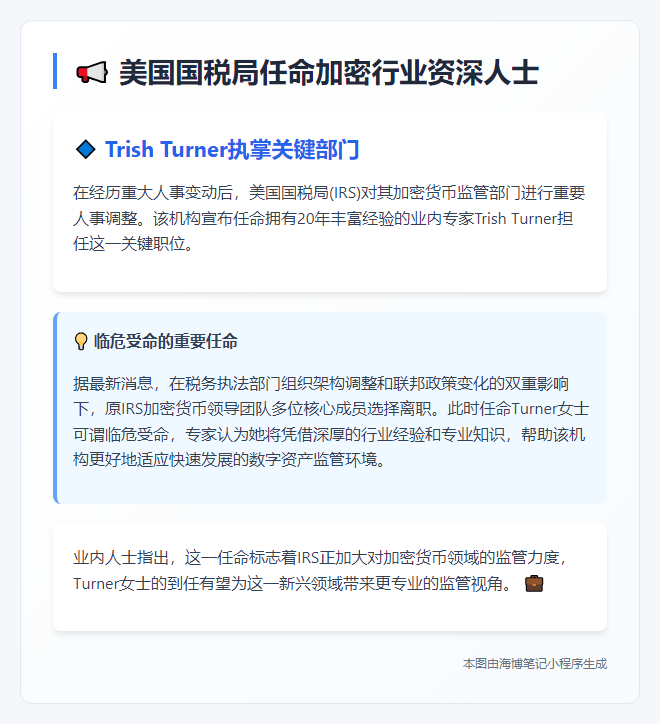 美国国税局任命Trish Turner掌管加密部门