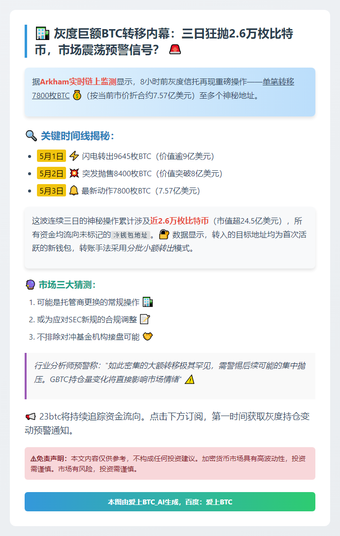 灰度3日转移7800枚BTC至未知地址