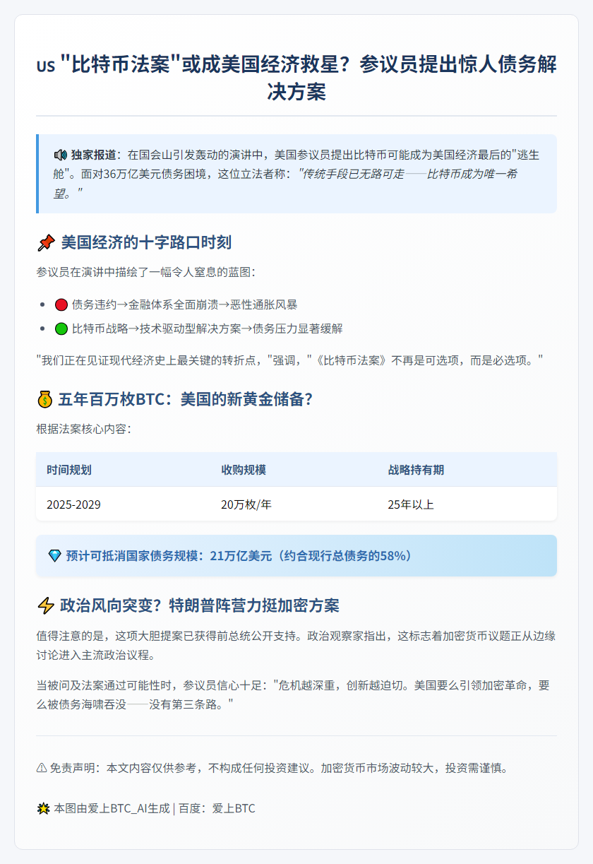 美参议员：BTC是解决36万亿债务唯一出路