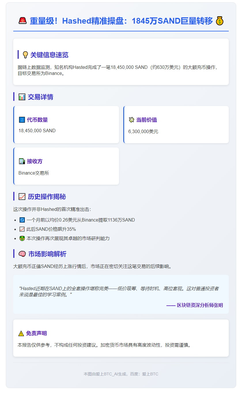 Hashed 向 Binance 充值 1845 万 SAND