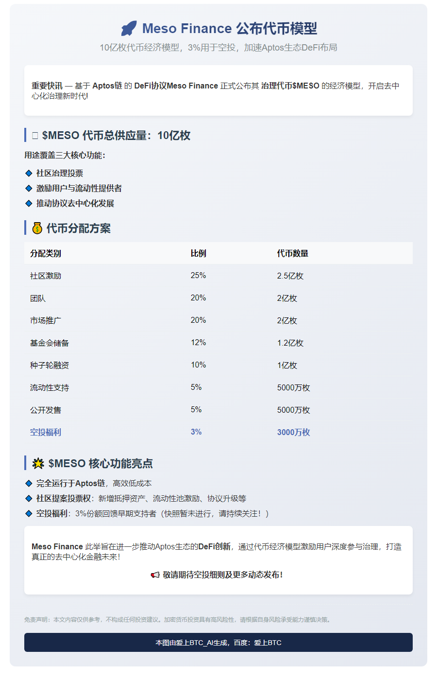 Meso Finance公布代币模型
