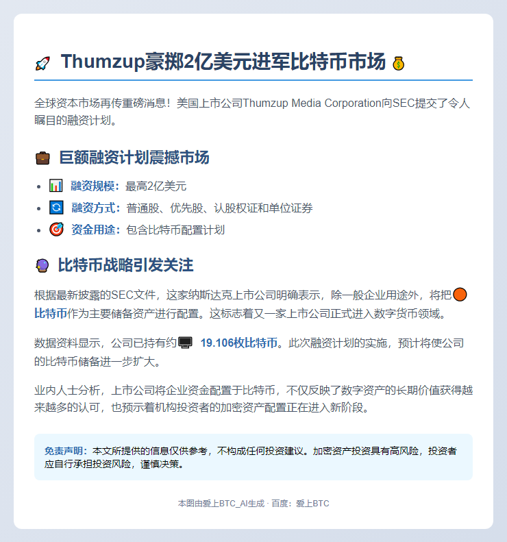 Thumzup 拟募资 2 亿美元购 BTC