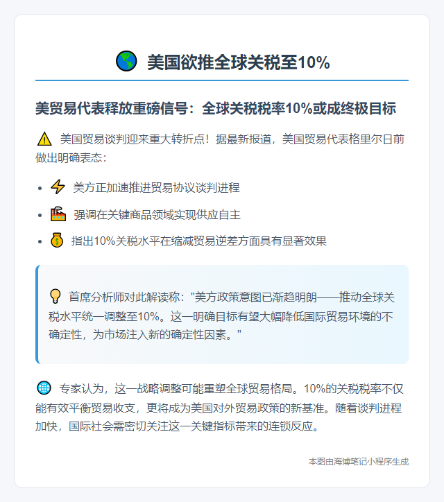 美国欲推全球关税至10%