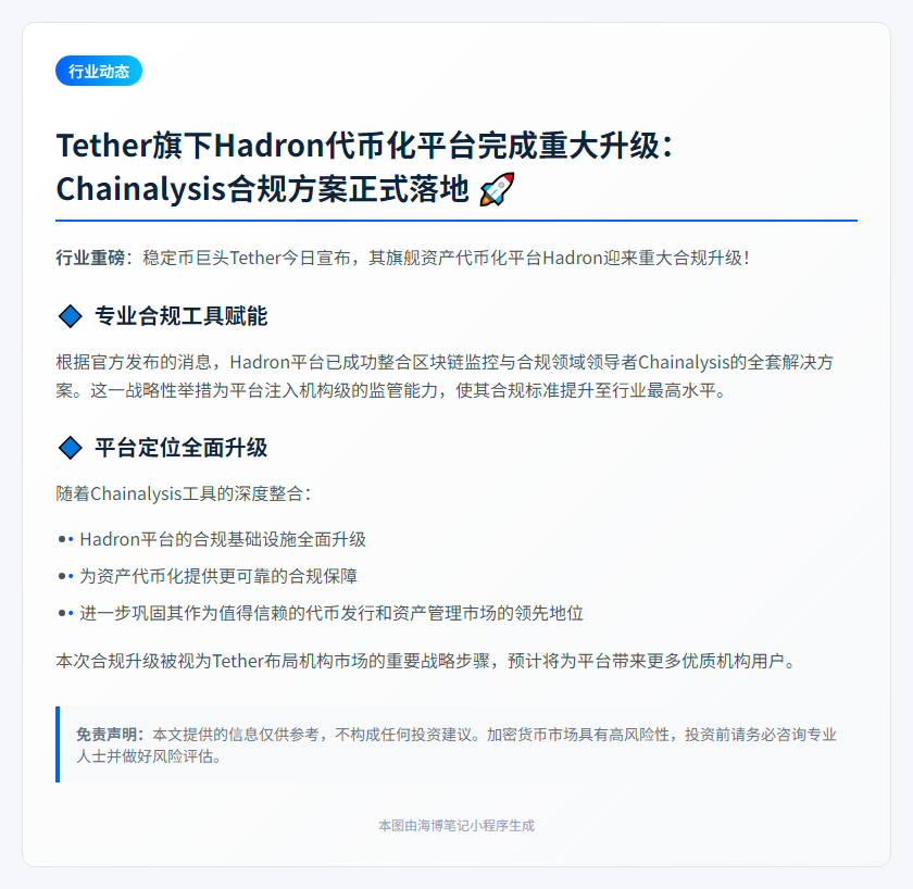 Tether 平台 Hadron 整合 Chainalysis 工具