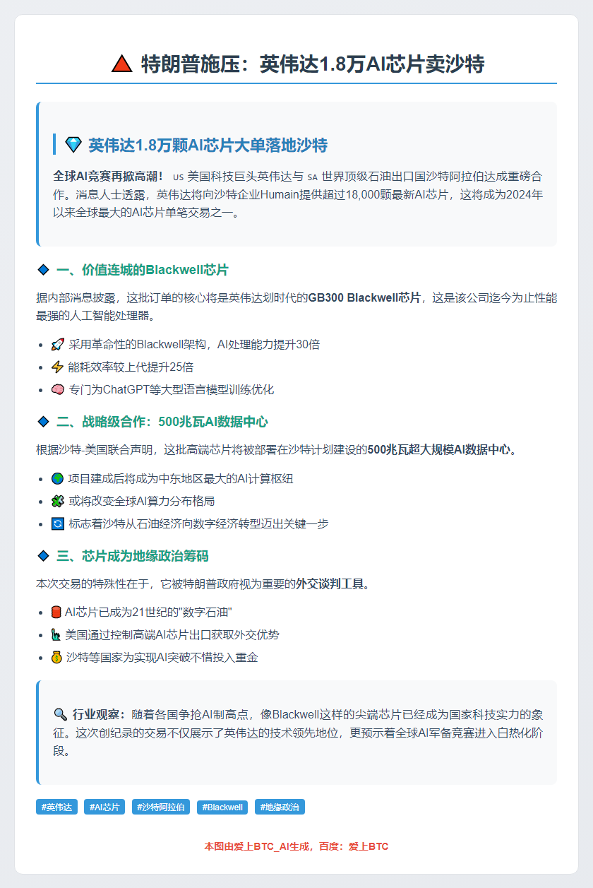 特朗普施压：英伟达1.8万AI芯片卖沙特