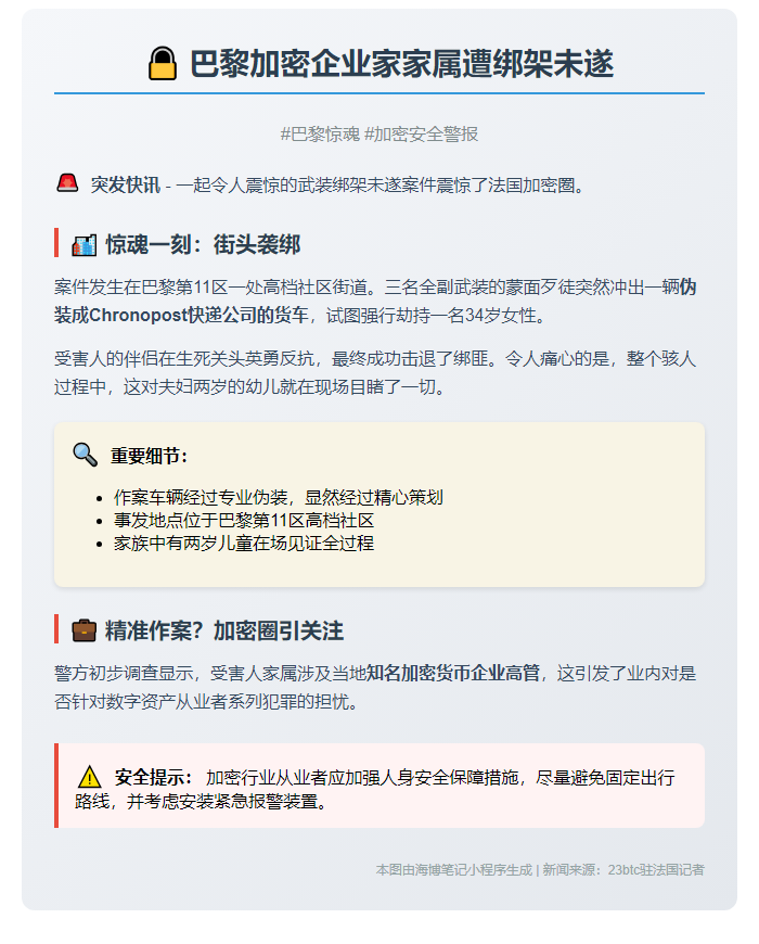 "巴黎加密企业家家属遭绑架未遂"