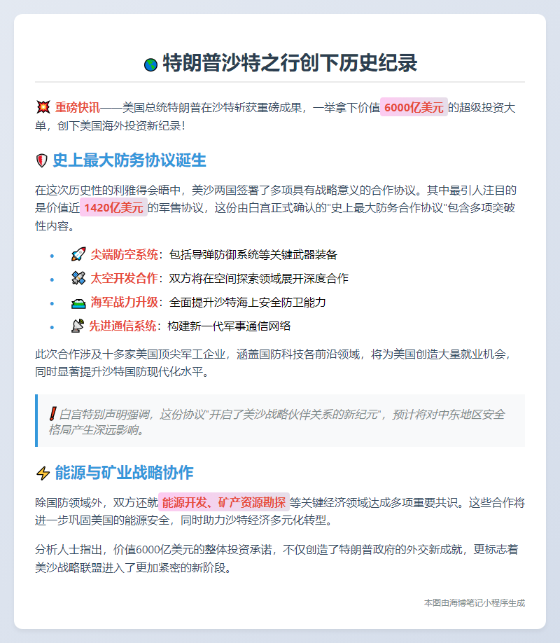 特朗普获沙特6000亿投资承诺