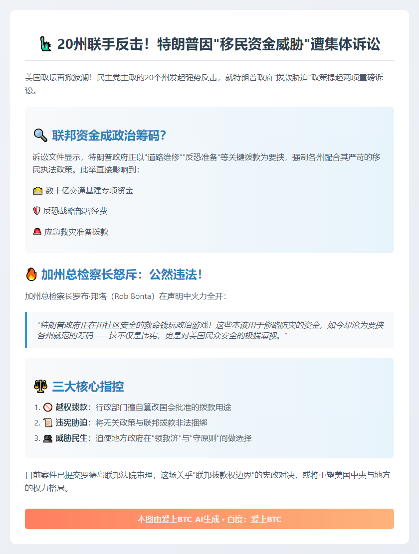 20州起诉特朗普移民拨款政策