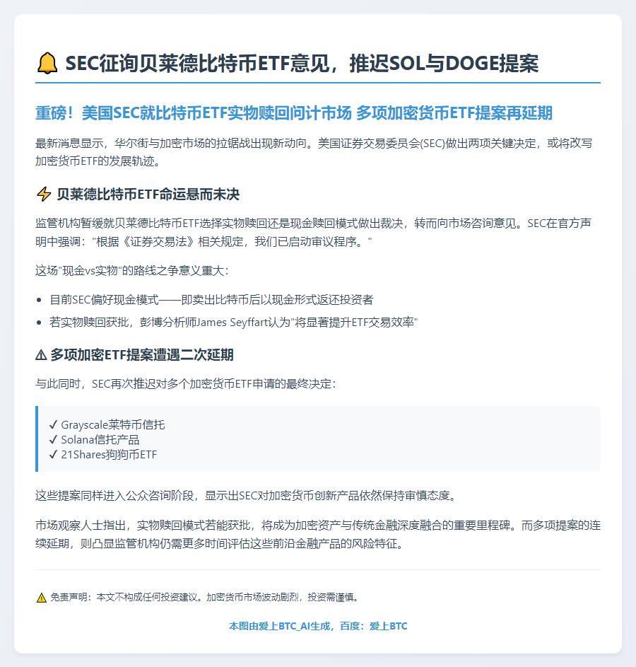 SEC征询贝莱德比特币ETF意见，推迟SOL与DOGE提案