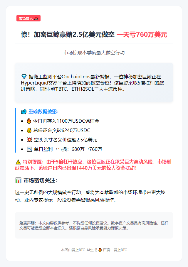 巨鲸5倍杠杆做空超2.5亿美元