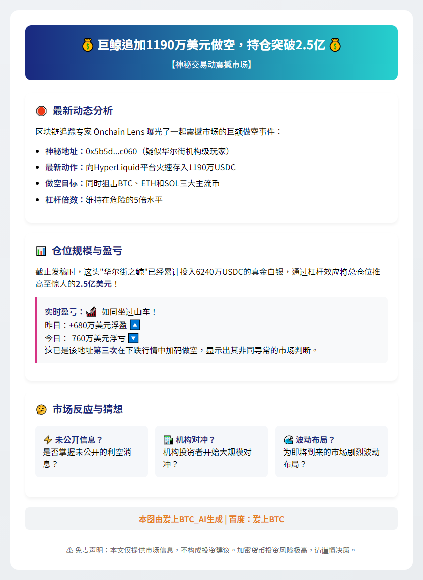 巨鲸追加1190万美元做空，持仓突破2.5亿
