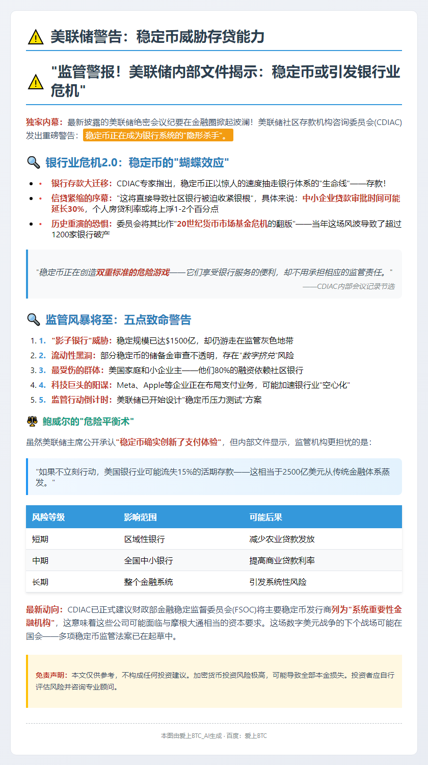 美联储警告：稳定币威胁存贷能力