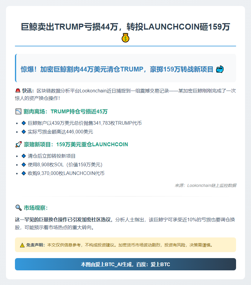 巨鲸卖出TRUMP亏损44万，转投LAUNCHCOIN砸159万