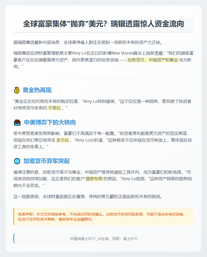 高净值客户减持美元转向加密、中国资产及黄金