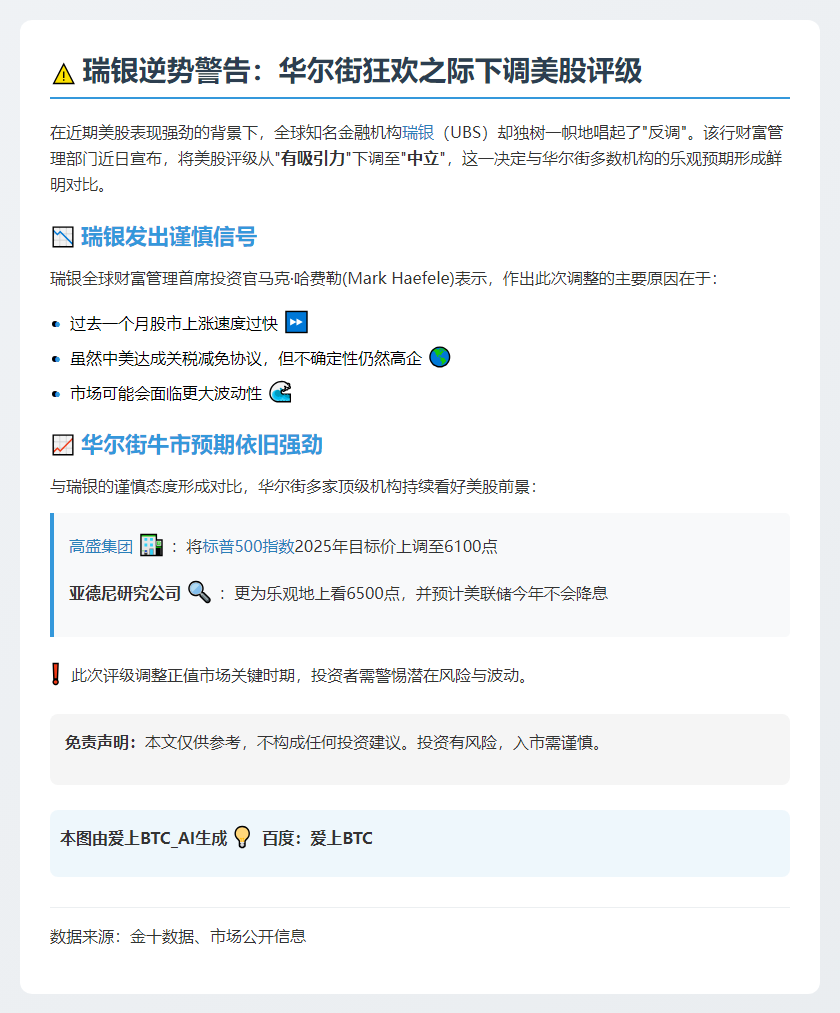 瑞银下调美股评级，独逆华尔街