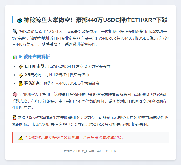 巨鲸砸440万USDC做空ETH、XRP