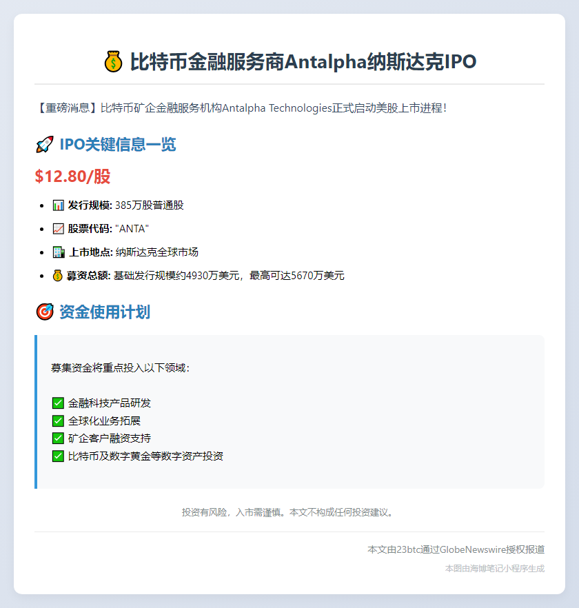 Antalpha纳斯达克IPO定价12.8美元