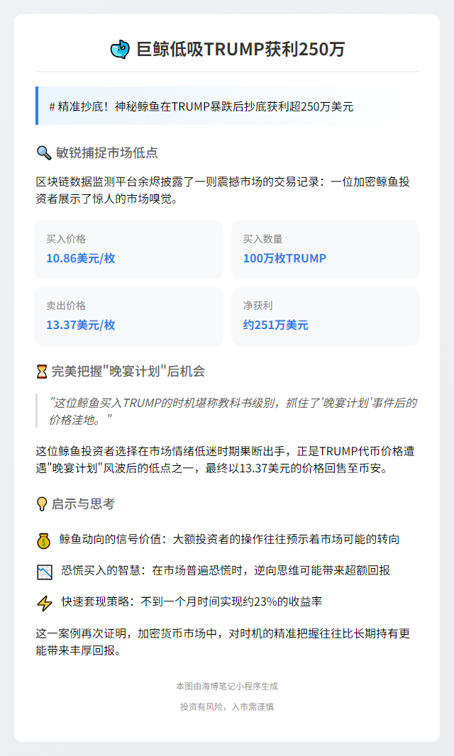 巨鲸低吸TRUMP获利250万
